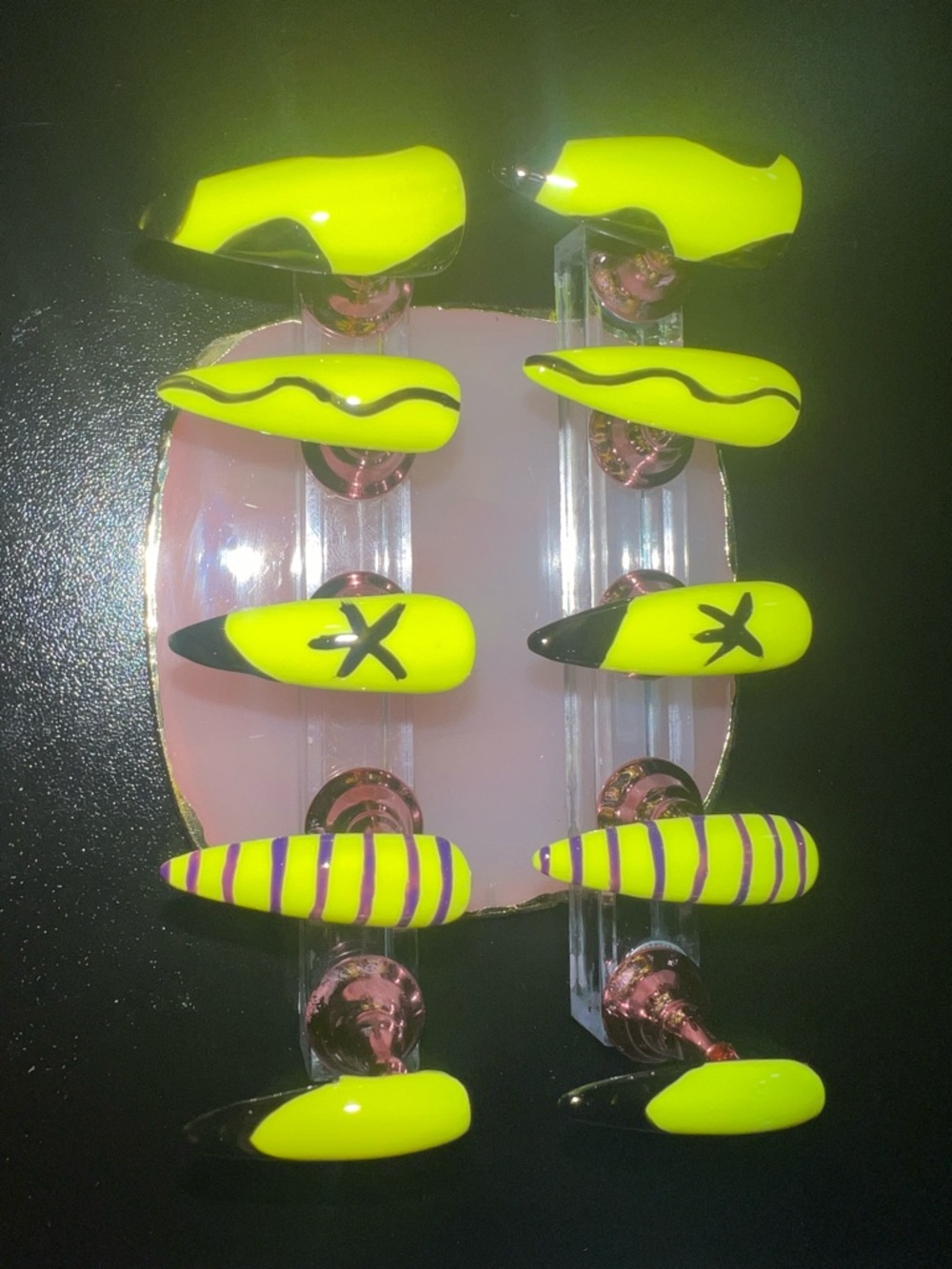 Neon Yellow Kids Press-On Nails with Black & Purple Accents